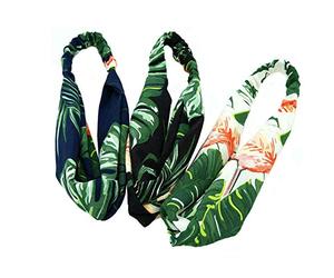 Aysekone 3 unidades de diademas elásticas para playa, viento, verano, accesorios para el cabello, turbante, hojas de plátano verdes impresas, nudo de cruz, diademas para mujeres y niñas