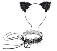 Aysekone Diadema de encaje con orejas de gato hecha a mano, color negro, con gargantilla de encaje