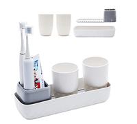 Ayswupt Soporte para cepillos de dientes para baños, soporte para cepillo de dientes eléctrico para niños con juego de 2 tazas, organizador de pasta de dientes blanco, organizador de encimera de baño