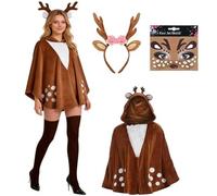 Ayucanpeng Disfraz de reno para mujer,Disfraz Reno,Capa de Ciervo Marrón,con Disfr-az Re-no Mujer, Tocado de Reno y Tatuajes Faciales para Carnaval, para Carnaval, Fiesta Temática, Cosplay