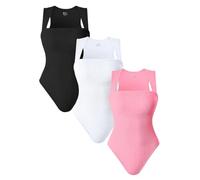 AYUDA Body 3 piezas sin mangas para mujer, camiseta de tirantes con cuello cuadrado, mono adelgazante acanalado, sexy y sin costuras, Negro blanco Candypink, S