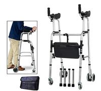 Ayuda para caminar multifunción, andador, 4 ruedas plegables livianas, con asiento acolchado, plegable ajustable, asistencia equipada con almohadilla para reposabrazos