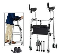 Ayuda para caminar multifunción, andador, 4 ruedas plegables livianas, con asiento acolchado, plegable ajustable, asistencia equipada con almohadilla para reposabrazos