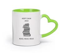 AYUEHBN cerámica Taza de café con estilo Mantén la calma y lee la pila de libros de la biblioteca （11oz/320ml） Ideal para el hogar, la oficina, cafeterías, ideas de regalo Verde