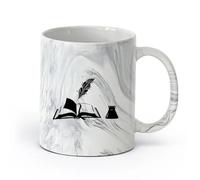 AYUEHBN cerámica Taza de Café Marcapáginas de poesía y prosa con pluma de tinta de libro abierto （11oz/320ml） Para bebidas calientes, latte, capuchino Negro mármol