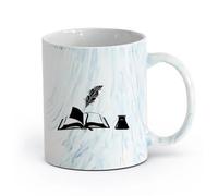 AYUEHBN cerámica Taza de Café Marcapáginas de poesía y prosa con pluma de tinta de libro abierto （11oz/320ml） Para bebidas calientes, latte, capuchino Azul mármol
