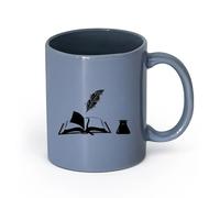 AYUEHBN cerámica Taza de Café Marcapáginas de poesía y prosa con pluma de tinta de libro abierto （11oz/320ml） Para bebidas calientes, latte, capuchino Gris azulado