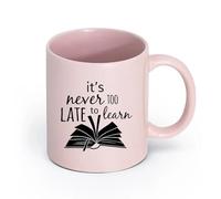 AYUEHBN cerámica Taza de Cerámica Cita de estudio de libros de la biblioteca: Nunca es demasiado tarde para aprender （11oz/320ml） Restaurante, oficina Rosa