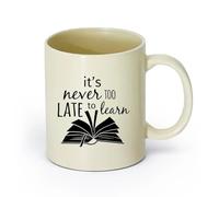 AYUEHBN cerámica Taza de Cerámica Cita de estudio de libros de la biblioteca: Nunca es demasiado tarde para aprender （11oz/320ml） Restaurante, oficina Amarillo claro