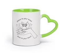 AYUEHBN cerámica Taza de Cerámica Taza Palabras inspiradoras Frase Paz a tu mente Flor de loto （11oz/320ml） Oficina, hogar, cafetería, apto para lavavajillas y microondas Verde