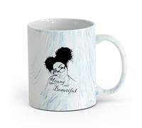 AYUEHBN cerámica Taza de té Cita inspiradora sobre el peinado de una chica africana con gafas （11oz/320ml） Ideal para el hogar, la oficina, cafeterías, ideas de regalo Azul mármol