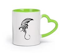 AYUEHBN cerámica Taza de Té y Café Genial Monstruo alado medieval volador con alas de dragón （11oz/320ml） Apto para lavavajillas y microondas, para la oficina y el hogar Verde