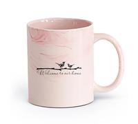 AYUEHBN cerámica Tazas blancas Frase de la casa de los pájaros de la pareja: Bienvenidos a nuestro hogar （11oz/320ml） Ideal para usar en casa y la oficina Rosa mármol