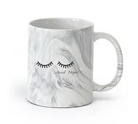 AYUEHBN cerámica Tazas blancas Palabras de cita de buenas noches con ojos de dibujos animados para guardería （11oz/320ml） Bonito Negro mármol