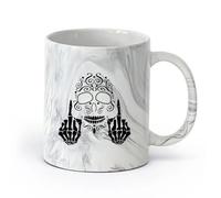AYUEHBN cerámica Tazas con Asas Cómodas Arte Calavera Dedo Medio Estilo Gótico Vete a la mierda （11oz/320ml） Café, té, latte, leche, cacao, zumo y otras bebidas calientes Negro mármol