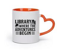 AYUEHBN cerámica Tazas con Asas Cómodas Logotipo de la biblioteca Aventura Comienza Libros Frase de amor （11oz/320ml） Regalo para hombre o mujer Naranja