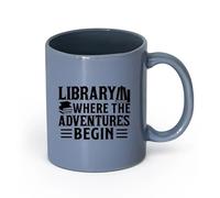 AYUEHBN cerámica Tazas con Asas Cómodas Logotipo de la biblioteca Aventura Comienza Libros Frase de amor （11oz/320ml） Regalo para hombre o mujer Gris azulado