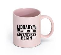 AYUEHBN cerámica Tazas con Asas Cómodas Logotipo de la biblioteca Aventura Comienza Libros Frase de amor （11oz/320ml） Regalo para hombre o mujer Rosa