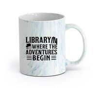 AYUEHBN cerámica Tazas con Asas Cómodas Logotipo de la biblioteca Aventura Comienza Libros Frase de amor （11oz/320ml） Regalo para hombre o mujer Azul mármol