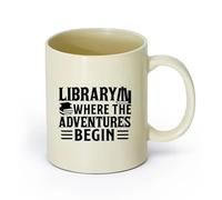 AYUEHBN cerámica Tazas con Asas Cómodas Logotipo de la biblioteca Aventura Comienza Libros Frase de amor （11oz/320ml） Regalo para hombre o mujer Amarillo claro