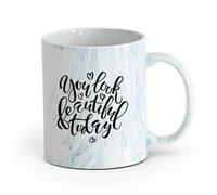 AYUEHBN cerámica Tazas de Café con Asa Cita de salón de belleza que inspira a una chica o una mujer （11oz/320ml） Para Té, Café, Leche, Capuchino Azul mármol