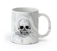 AYUEHBN cerámica Tazas de café de cerámica blanca Cráneo, huesos, flor, rosa, muerte, esqueleto （11oz/320ml） Regalo único de oficina para mujeres y hombres Negro mármol