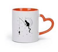 AYUEHBN cerámica Tazas de café de cerámica blanca Vivero Cat Fishing Stars Crescent （11oz/320ml） Apto para lavavajillas y microondas, para la oficina y el hogar Naranja