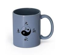 AYUEHBN cerámica Tazas de café de gres con asa Jeroglífico asiático Tierra Agua Fuego Madera Metal Yin Yang （11oz/320ml） Para café, avena, té, fácil de limpiar Gris azulado