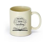 AYUEHBN cerámica Tazas de café de gres con asa Nunca dejes de leer Cita Biblioteca de libros abiertos （11oz/320ml） Para té, café y bebidas calientes Amarillo claro