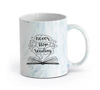 AYUEHBN cerámica Tazas de café de gres con asa Nunca dejes de leer Cita Biblioteca de libros abiertos （11oz/320ml） Para té, café y bebidas calientes Azul mármol