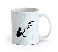 AYUEHBN cerámica Tazas de porcelana Patrón de pájaros de la biblioteca con libro abierto para niños leyendo cuentos （11oz/320ml） Bonito Azul mármol
