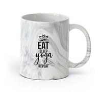 AYUEHBN cerámica Tazas Grandes para Bebidas Calientes Estudio de yoga Eat Sleep Repetir palabras Frase （11oz/320ml） Para Té, Café, Leche, Capuchino Negro mármol