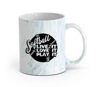 AYUEHBN cerámica Tazas personalizadas Juego de softbol Deporte Pelota Letras Vivir Amar Jugar （11oz/320ml） Ideal para el hogar, la oficina, cafeterías, ideas de regalo Azul mármol