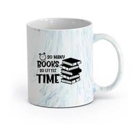 AYUEHBN cerámica Tazas Resistentes Tantos libros, tan poco tiempo, diversión, letras, reloj, librerías （11oz/320ml） Para té, café y bebidas calientes Azul mármol