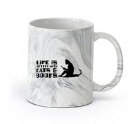 AYUEHBN cerámica Vajilla de Cerámica para Hogar La vida es mejor con los gatos. Leer más frases. （11oz/320ml） Tazas de cerámica para el hogar o el trabajo Negro mármol