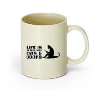 AYUEHBN cerámica Vajilla de Cerámica para Hogar La vida es mejor con los gatos. Leer más frases. （11oz/320ml） Tazas de cerámica para el hogar o el trabajo Amarillo claro
