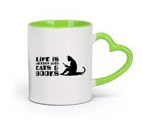 AYUEHBN cerámica Vajilla de Cerámica para Hogar La vida es mejor con los gatos. Leer más frases. （11oz/320ml） Tazas de cerámica para el hogar o el trabajo Verde
