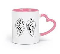 AYUEHBN ceramics Cups with Comfortable Handle Wings Angel Flight Time to Fly Phrase （11oz/320ml） for Tea Coffee Hot Brew Pink