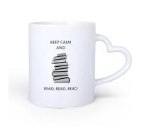 AYUEHBN Mango de cerámica en forma de corazón Taza de café con estilo Mantén la calma y lee la pila de libros de la biblioteca 11oz/320ml Ideal para el hogar, la oficina, cafeterías, ideas de regalo