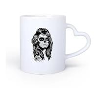 AYUEHBN Mango de cerámica en forma de corazón Taza de Café de Cerámica Calavera Chica Calavera Mujer México Día de Muertos Mexicano 11oz/320ml Para té, café y bebidas calientes