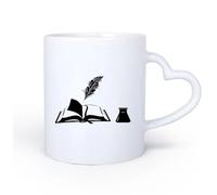 AYUEHBN Mango de cerámica en forma de corazón Taza de Café Marcapáginas de poesía y prosa con pluma de tinta de libro abierto 11oz/320ml Para bebidas calientes, latte, capuchino
