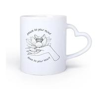 AYUEHBN Mango de cerámica en forma de corazón Taza de Cerámica Taza Palabras inspiradoras Frase Paz a tu mente Flor de loto 11oz/320ml Oficina, hogar, cafetería, apto para lavavajillas y microondas