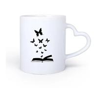 AYUEHBN Mango de cerámica en forma de corazón Taza de porcelana Biblioteca de libros de cuentos de hadas de mariposas mágicas abiertas 11oz/320ml Para Té, Café, Leche, Capuchino