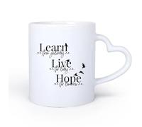 AYUEHBN Mango de cerámica en forma de corazón Taza de Té de Cerámica Aprende, vive, espera, palabras inspiradoras, pájaros 11oz/320ml Tazas de cerámica para el hogar o el trabajo