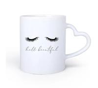 AYUEHBN Mango de cerámica en forma de corazón Taza de Té y Café Genial Hola Hermosas Extensiones de Pestañas de Ojos Cerrados de Chica 11oz/320ml Para cafetería o restaurante