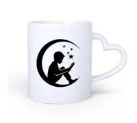 AYUEHBN Mango de cerámica en forma de corazón Taza, Taza de Café/Té Niño de la luna y las estrellas con un libro de cuentos de hadas 11oz/320ml Para café, avena, té, fácil de limpiar