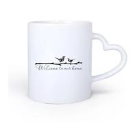 AYUEHBN Mango de cerámica en forma de corazón Tazas blancas Frase de la casa de los pájaros de la pareja: Bienvenidos a nuestro hogar 11oz/320ml Ideal para usar en casa y la oficina