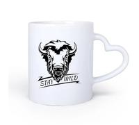 AYUEHBN Mango de cerámica en forma de corazón Tazas con Asas Cómodas Frase de animal de cabeza de toro: Mantente salvaje 11oz/320ml Apto para lavavajillas y microondas, para la oficina y el hogar