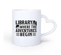 AYUEHBN Mango de cerámica en forma de corazón Tazas con Asas Cómodas Logotipo de la biblioteca Aventura Comienza Libros Frase de amor 11oz/320ml Regalo para hombre o mujer
