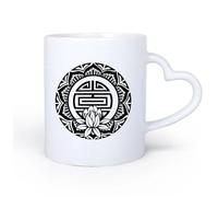 AYUEHBN Mango de cerámica en forma de corazón Tazas de café de cerámica blanca Amuleto de mandala de loto Hinduismo Budismo 11oz/320ml Taza de cerámica para capuchino, té, leche